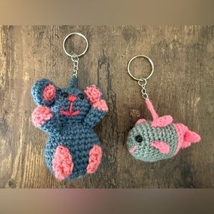 Mouse and Fish Crochet Plush Toy Keychain Set